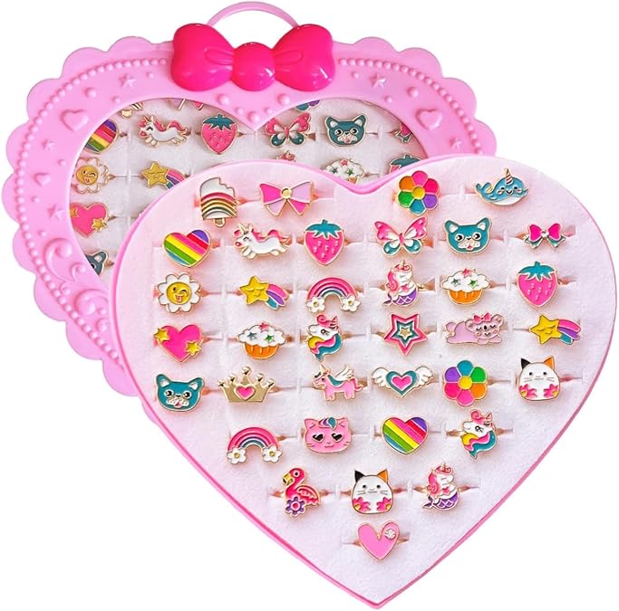 Elesa Miracle 36pcs Children Kids Little Girl Adjustable Jewelry Rings in Box Girl Pretend Play and Dress up Rings Birthday Gifts for Girls