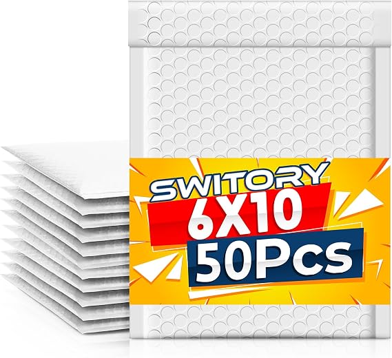 Switory 50pcs Padded Envelopes15.3cmx26.9cm Assorted Color Poly Bubble Mailers A5 Padded Envelopes Bubble Lined Poly Mailer Self Seal for Packaging (White)