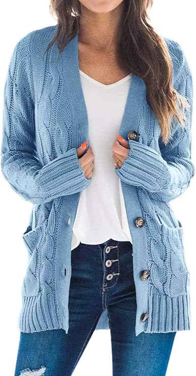 Easygou Womens Button Cardigan Sweater Coat Cable Chunky Knit Oversized Sweater Soft Long Sleeve Open Front Slouchy Pocket Outwear Coat