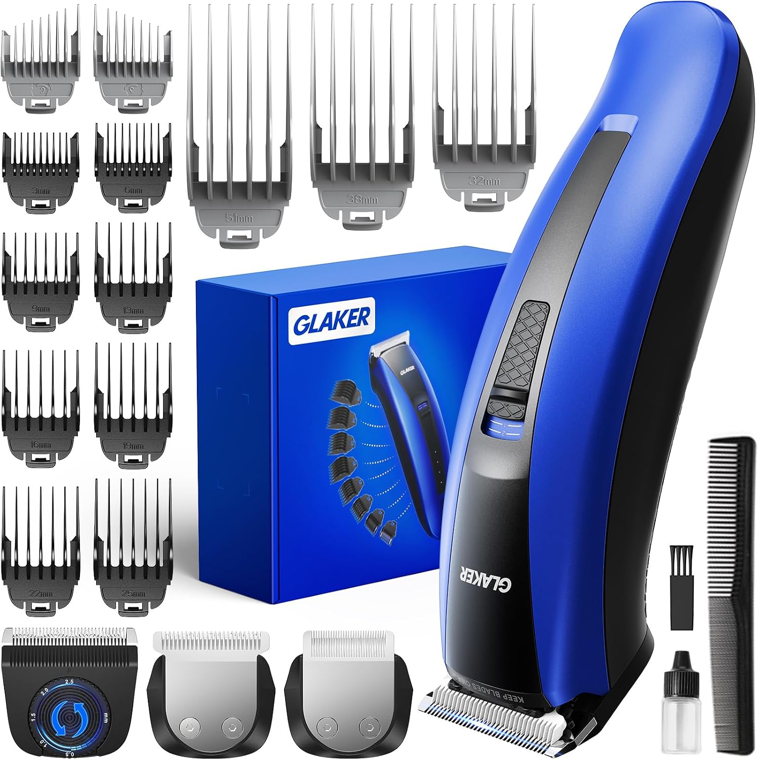 GLAKER Hair Clippers for Men - Cordless 3 in 1 Versatile Hair Trimmer with 13 Guards, Detachable Blades & Turbo Motor, Professional Mustache Grooming Kit for Barbers, USB C Rechargeable Robin Blue