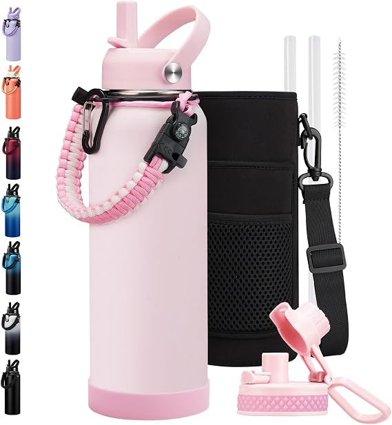 40oz Insulated Water Bottle Pink Women Water Jug with Strap for Work Travel