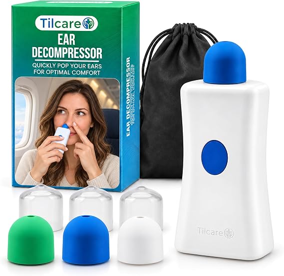 Ear Pressure Relief Device by Tilcare - Equalizing Ear Popping for Flying, Swimming, Diving, Cold and Allergy Discomfort -  with a Portable Protective Pouch and 3 Tips