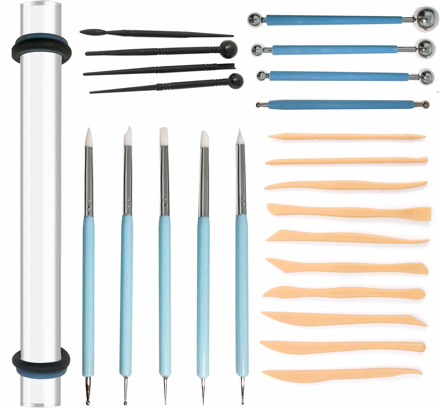Polymer Clay Tools, 26 Pcs Pottery Sculpting Tools, Ball Stylus Dotting Tools Rolling Pin Modeling Air Dry Clay Tools Set, Ceramic Tools, Carving Tool Kit Engraving, Embossing, Shaping (26)