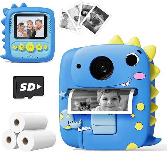 Kids Camera Instant Print with Dinosaur Silicone Case 1080P Digital Toddler Camera, 3 Rolls Print Paper, Birthday for Boys Girls Age 3-8 (Blue)