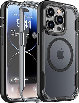 Janmitta for iPhone 14 Pro Case, Compatible with MagSafe, 3 in 1 Full-Body Military-Grade Drop Proof Case, Port Anti-Dust Scratch Matte Back Phone Cover, Clear Black
