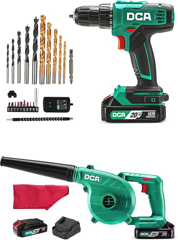 DCA 20V Cordless Power Drill 336 in-lbs Torque and Brushless Leaf Blower with 3 pcs 2.0Ah Battery
