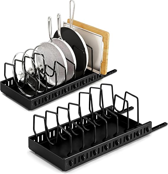 2 Pack Pull Out Pots and Pans Organiser for Cupboard, 43CM Expandable Pan Lid Holder with 16 Adjustable Dividers, Kitchen Storage Rack for Inside Cabinet/Countertop (Black)