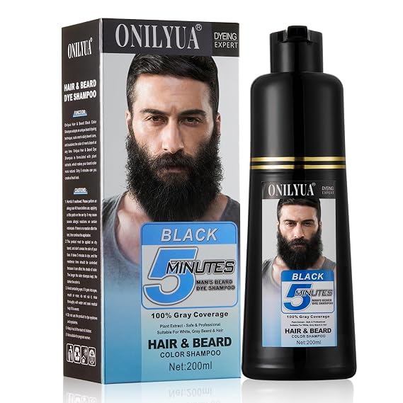 Mens Beard Dye for Men, 5 Minutes Instant Black Beard Dye Shampoo 3 in 1 | Root Touch Up, Mustache & Beard Black Color Dye for Gray Coverage, Long Lasting & Easy Use,Simpler Hair Color for Men, 200ML