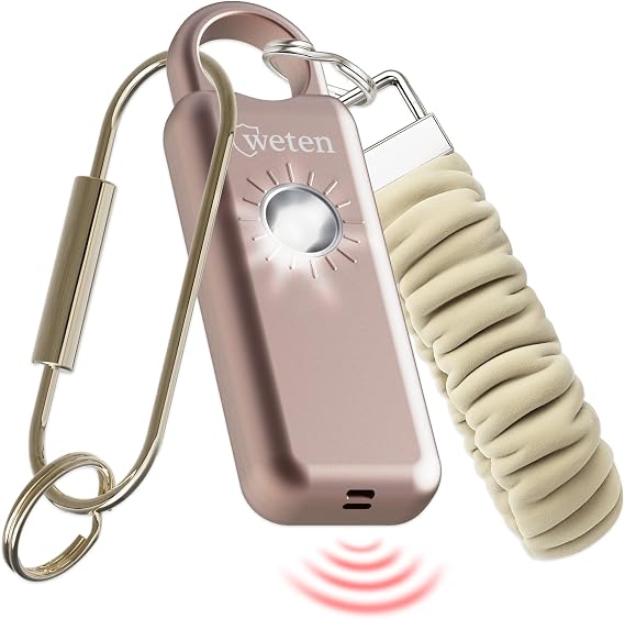 Personal Safety Alarm Keychain for Women, 130dB, LED Light, Metallic Rose | USB-C Rechargeable, Bottom Speaker Siren, Wristlet and Carabiner Clip, Weatherproof, Low Battery Alert