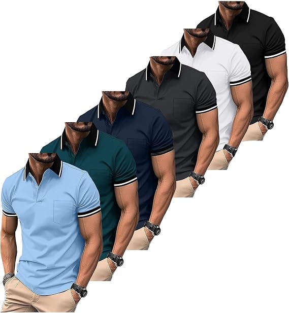 ZITY 6 Pack Men Polo Shirts Short Sleeve with Pocket Wicking Shirts for Men Casual Collared T-Shirts