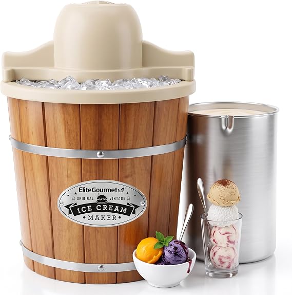 Elite Gourmet EIM924LX 4Qt Old Fashioned Wood Bucket Ice Cream Maker, Cream