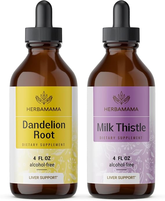 HERBAMAMA Herbal Liquid Drops Kit - Bundle of Dandelion Root & Milk Thistle Drops 4 fl oz - Vegan, Non-GMO, Sugar & Alcohol-Free - 2 Pack