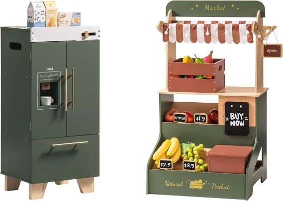 ROBOTIME Wooden Grocery Store Playset, Wooden Toy Fridge - Play Kitchen Set with Accessories-Realistic Pretend Play Set with Lights, Chalkboard, Gift for Boys Girls 3+