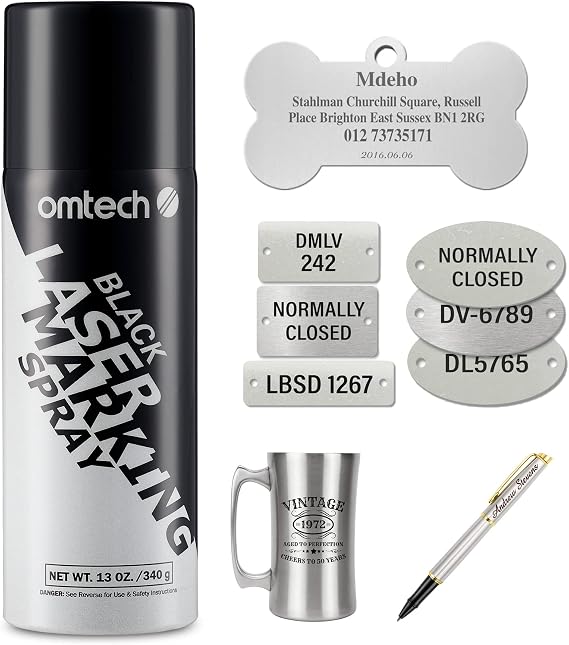 OMTech Laser Marking Spray, Metal Laser Marking Fluid for CO2 Laser Engravers, 13oz Aerosol Black CO2 Spray for Laser Engraving Metal, Laser Ink for Aluminum Stainless Steel Brass