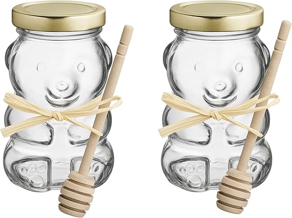 Vallary 8 oz Glass Bear Honey Jars Pack of 2 with Gold Lids & Wooden Dippers Reusable Bear-Shaped Jars for Honey, Candy, Gifts, Party Favors & DIY Projects