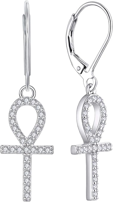 YL Cross Stars Dangle Earrings for Women, 925 Solid Sterling Silver 18K White Gold Plated Moon Ankh Nails Hanging Jewelry Gifts