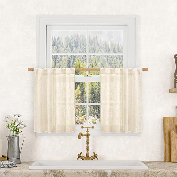LAMIT Beige Semi Sheer Linen Curtains 24 Inch Length for Cafe, 2 Panels