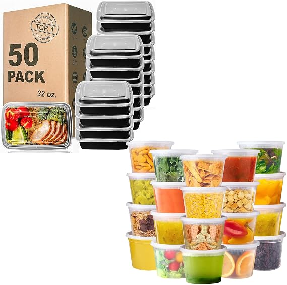 WGCC Meal Prep Containers 50Pack 32oz and Deli Containers with Lids 16oz 48 Sets, Leakproof, BPA Free/Microwave/Freezer/Dishwasher Safe