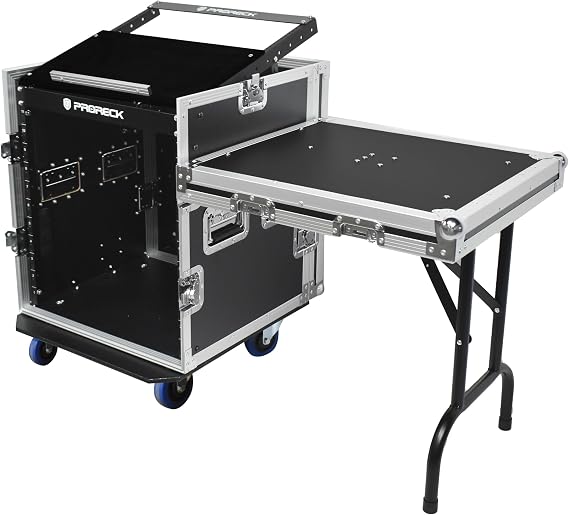 PRORECK 12U Rack/Road Case With Slant Mixer Top, One Side Table And Casters, 20'' Rackable Depth, Plywood, 12U Installation Size, Pro Stage Performance.