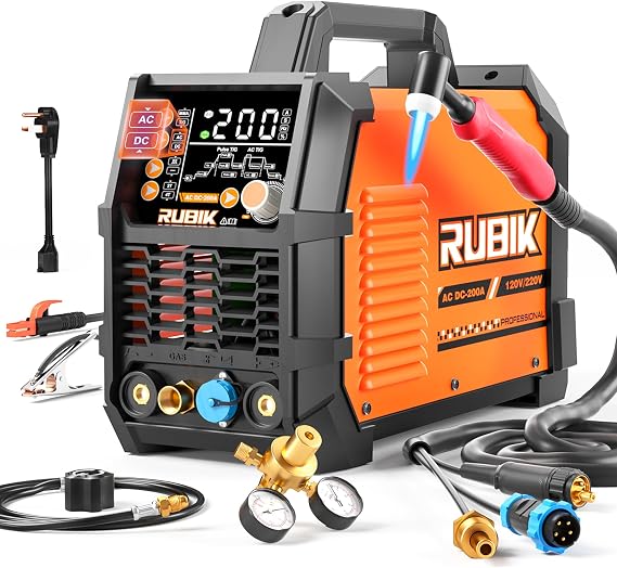 AC/DC Aluminum Tig Welder with Pulse, 200 Amp 6 in 1 Welder 110V/220V Dual Voltage Welder with Digital IGBT Inverter Square/Triangular Wave/Stick/Tig/Spot MultiProcess TIG Welding Machine