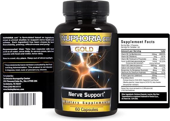 NUPHORIA cm Gold - Nerve Support Formula for Relief with R-Alpha Lipoic Acid and Premium B Vitamins - 30 Day Supply 60 Capsules