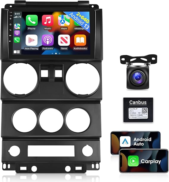 [2G+64G] Car Radio for Jeep Wrangler 2007 2008 2009 2010 (2 Door), 9 inches Android 13 Touch Screen Stereo, Carplay/Android Auto/Hi-Fi/1080P/Bluetooth/SWC +AHD Backup Camera+MIC