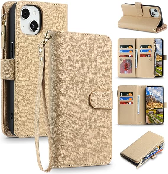 Wallet Case for iPhone 14/13 with Wrist Strap,6.1",Apricot