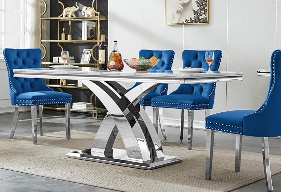68.11" White Dining Table, Luxurious Marble Table Dining with 0.71" Thick Printed Marble Tabletop and Silver Stainless Steel Pedestal, Modern Kitchen Dining Room Table for 8