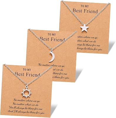 UNGENT THEM 3 Friendship Best Friend Necklaces Sun and Moon Star Matching BFF Necklace Christmas Birthday Galentines Valentines Day Gifts for Teenage Teen Friends Sisters