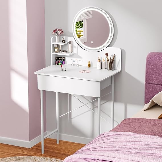 Vanity Desk with Mirror and LED Lights, 3 Color Lighting Modes with Adjustable Brightness, Modern Vanity Makeup Table with 1 Drawers & 2 Opening Shelves, Dressing Table for Bedroom White