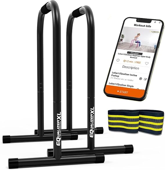 Lebert Fitness Dip Bar Stand - Original Equalizer Total Body Strengthener Pull Up Bar Home Gym Exercise Equipment Dipping Station - Hip Resistance Band, Workout Guide and Online Group