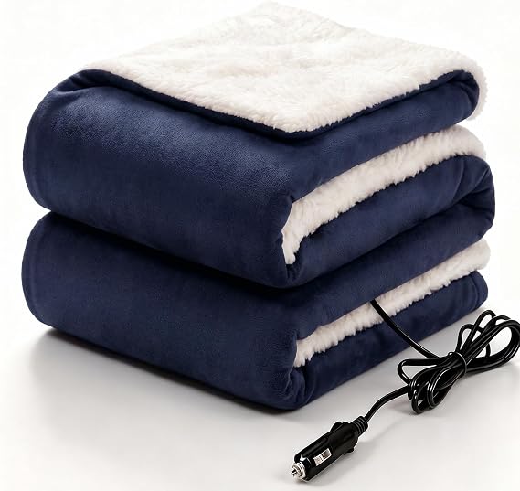 Sealy 12-Volt Electric Portable Heated Car Blanket, 59"x43", Navy | 3 Heating Levels, 4 Hours Auto Off for Car, Truck, SUV, RV or Camping Travel, Machine Washable for Drivers Women Men Winter