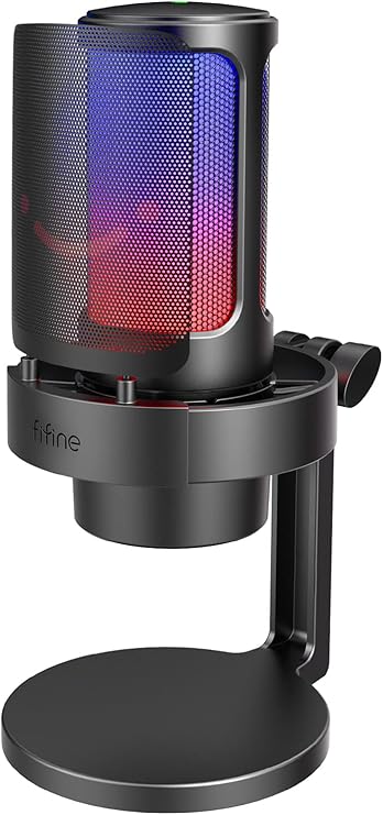 FIFINE USB Microphone, AmpliGame Gaming Computer Desktop Capacitor, RGB Microphone, YouTube on Mac/Computer/PS4/PS5, Silent Button, Microphone Gain, Pop Filter, Shock Mount, Headphone Jack-A8