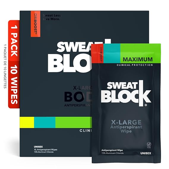 SweatBlock Clinical Strength XL Antiperspirant Body Wipes, Unscented, 10 Ct | Hyperhidrosis Sweat Protection for Hands, Feet, Underarms and Body, Convenient XL Wipe Format for Targeted Use