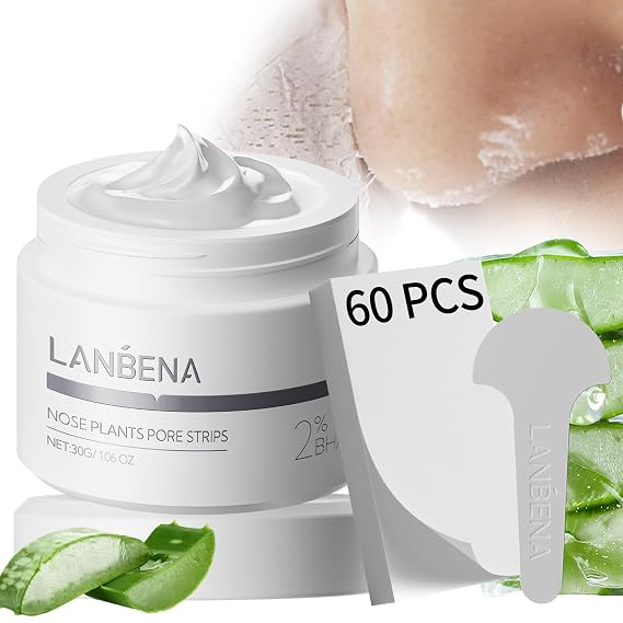 LANBENA Blackhead Remover Nose Pore Strips for Face, 2.0 Upgraded Deep Cleansing Peel off Mask Nose Strips Skincare for All Skin (1.06 Oz/30g) - 60pcs Strips | Blackhead Remover Deep Cleansing Peel off Mask Skincare for All Skin Amazonian White Clay Pore Cleanser Purifying Facial Mask