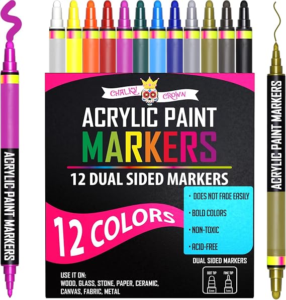 CHALKY CROWN Dual Tip Acrylic Paint Markers - Assorted - 12 Pack