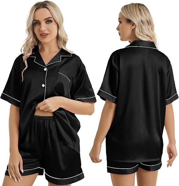 LANMAIGUO Women's Silk Satin Pajama Sets,Short Sleeves Button Down Pajamas,Valentines Sleepwear Two Piece Pj Sets for Women