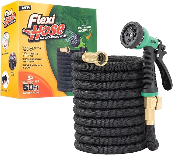 Flexi Hose 50FT Expandable Garden Hose Solid Brass Fittings, Blue/Black