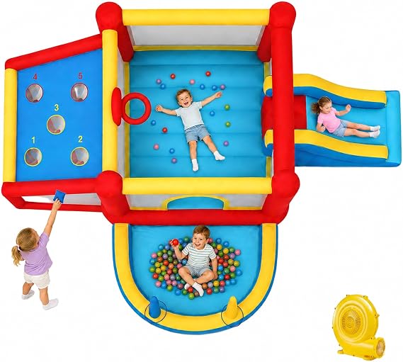 9 in 1 Inflatable Bounce House Kid Trampoline with Tall Slide, Ball Pit Pool, Skill Soccer, Throwing Sandbags Game, for Home Party or Outdoor Ages 3-10 with 520W Blower 190"x138"x76"