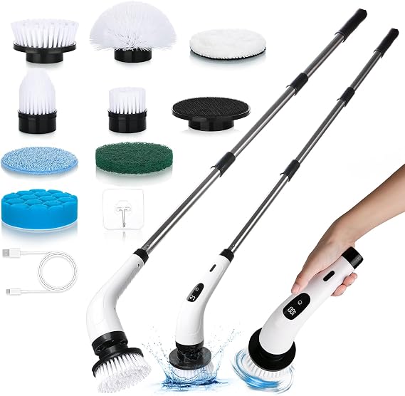 Electric Spin Scrubber, Cordless Cleaning Brush with 8 Replaceable Brush Heads and Adjustable Extension Handle, Power Cleaning Brush for Cleaning Bathroom Bathtub Kitchen Tile Floor