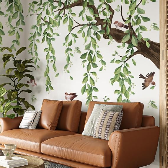 Runtoo Large Tree Wall Decals Green Plant Hanging Vine Leaves Wall Stickers for Living Room Bedroom Nursery Wall Decor