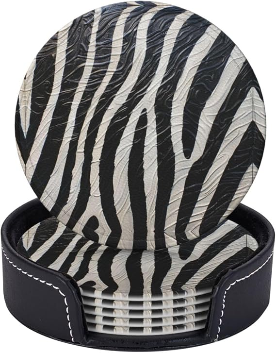 6 Pcs Zebra Skin Black Leather Coasters for Drinks with Holder Round Mug Mat Table Desk Coasters Set Cup Coasters for Living Room Kitchen Coffee Decor