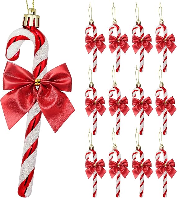 Candy Cane Christmas Tree Decor - 12 Pcs Glitter Candy Cane Bows for Tree