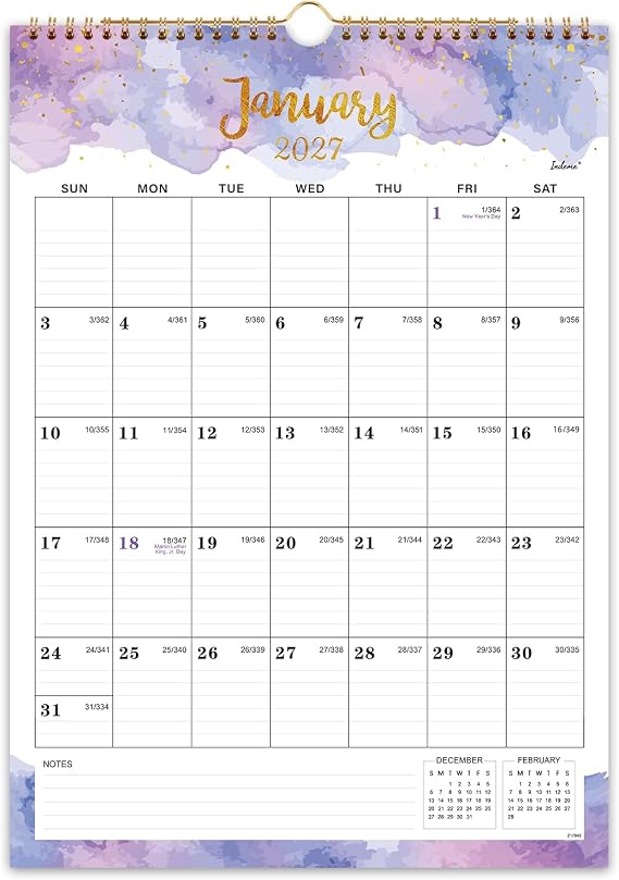 2027 Calendar - 2027 Wall Calendar, Jan 2027 - Dec 2027, 12" x 17", 12 Months Calendar, Twin-Wire Binding, Hanging Hook, Blocks and Julian Dates - Colorful Waterink