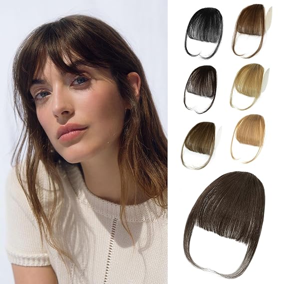 NAYOO Bangs Hair Clip- Darkest Brown Fake Bangs 100% Real Human Hair Extensions Wispy Bangs for Women Fringe with Temples Hairpieces Curved Bangs for Daily Wear (2# Darkest Brown, Wispy Bangs)