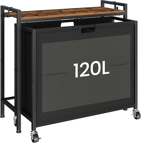 CHOEZON Laundry Sorter, Laundry Hamper with Storage Shelf, Mobile 2-in-1 Basket Organizer, 120 L Rolling Hamper, Large Bags and Movable Wheels, Metal Frame, Rustic Brown and Black TXY01BF