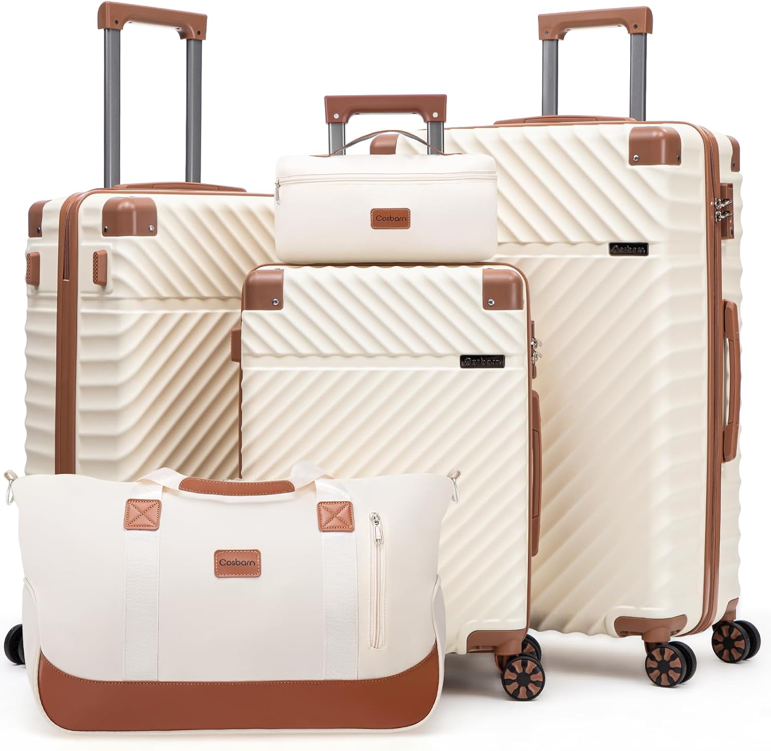 Cosbarn Luggage Sets 5 Piece with TSA Lock Spinner Wheels, Unisex Hard Case ABS Suitcase Set, Hardshell Lightweight Waterproof Travel Hardside Suitcases with Wheels for Women Men, Beige, 5 Piece Sets