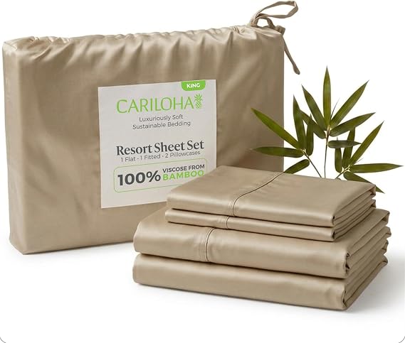 Cariloha Resort 4-Piece Sateen Sheet Set | Stone | King | Viscose Material | Allergy Resistant, Naturally Thermal-Regulating, Extra Soft Cooling Sheets for Hot Sleepers