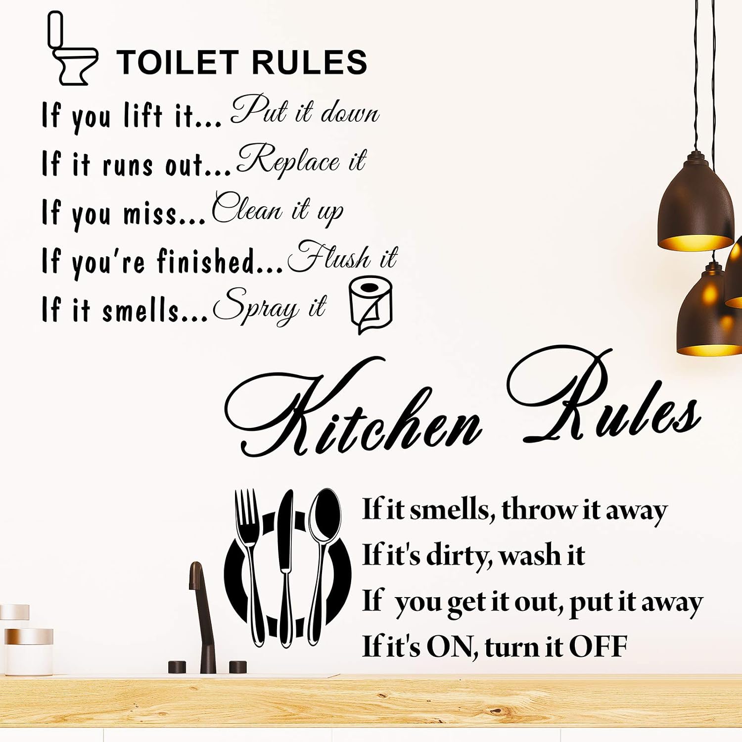 2 Pieces Kitchen Rules Home Stickers Toilet Rules Bathroom Decals Wall Saying Stickers Vinly Art Rules Stickers for Home Decorations