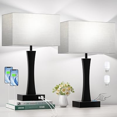 Bedside Lamps for Night Stands - 3 Way Dimmable Table Lamp for Bedroom with USB CA Ports,Modern Bedside Lamps Set of 2, Touch Lamps for Nightstand Living Room Side Table End TablesBulbs Included